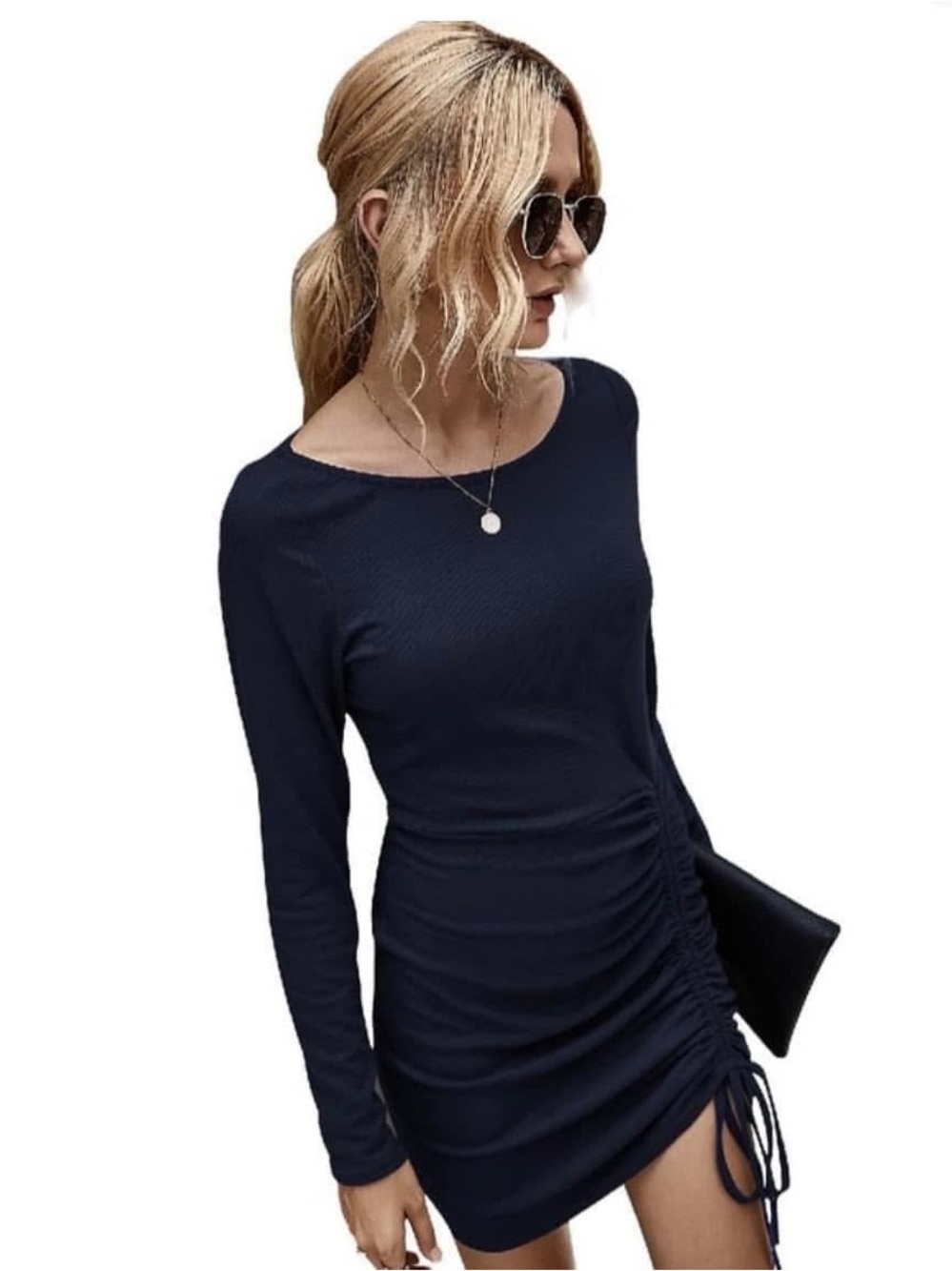 Navy Long-Sleeve Ruched Mini Dress - Women's Top